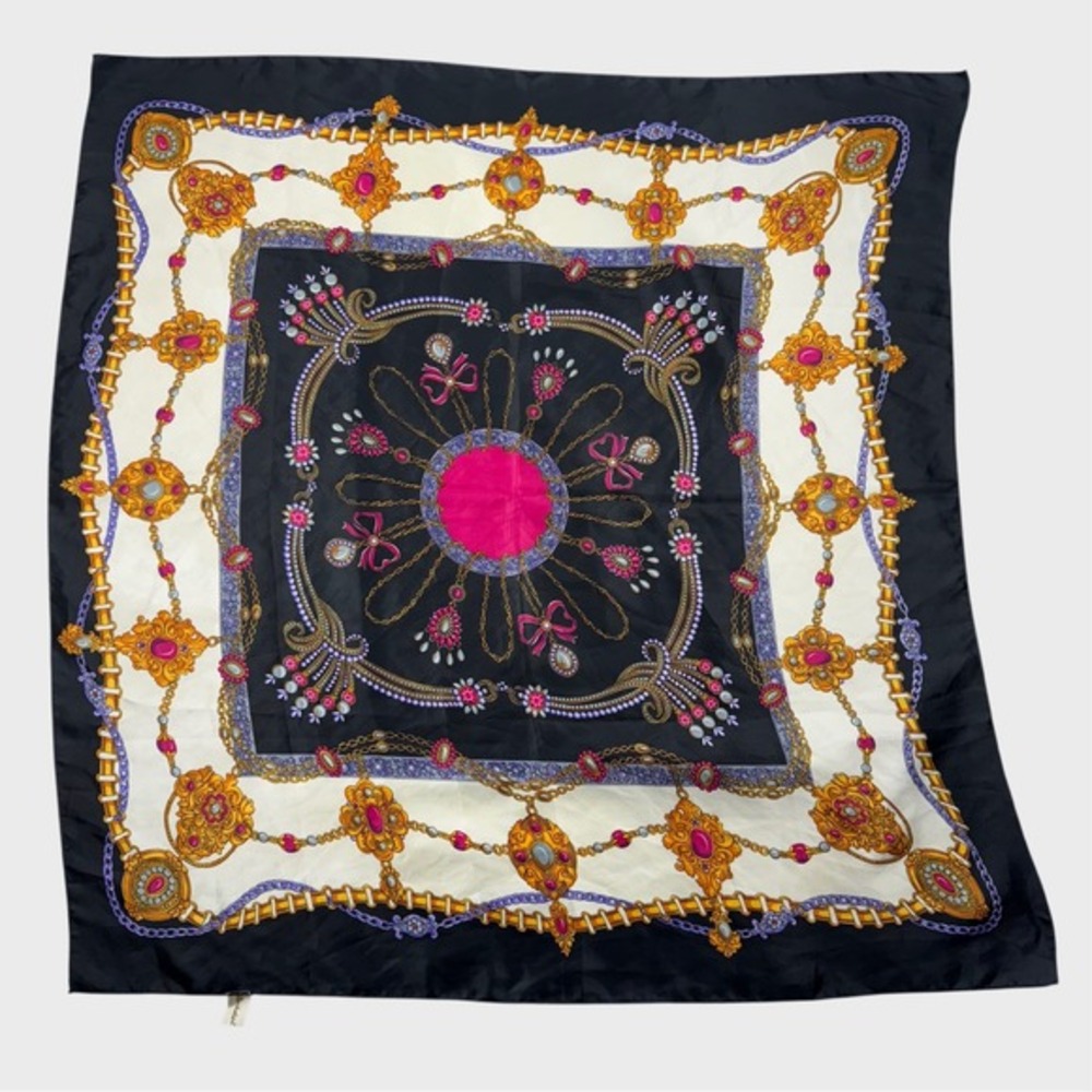 Vintage 90's Jewelry Print Scarf Jewels Square Art to Wear Business Office